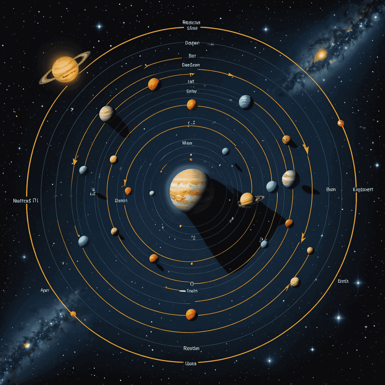 Ilustracja przedstawiająca planety w ruchu wstecznym na tle gwiaździstego nieba, z widocznymi orbitami i strzałkami wskazującymi kierunek ruchu wstecznego